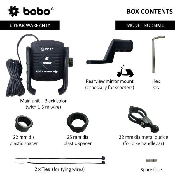 BOBO BM1 Jaw-Grip Bike Phone Holder (with fast USB 3.0 charger) Motorcycle Mobile Mount