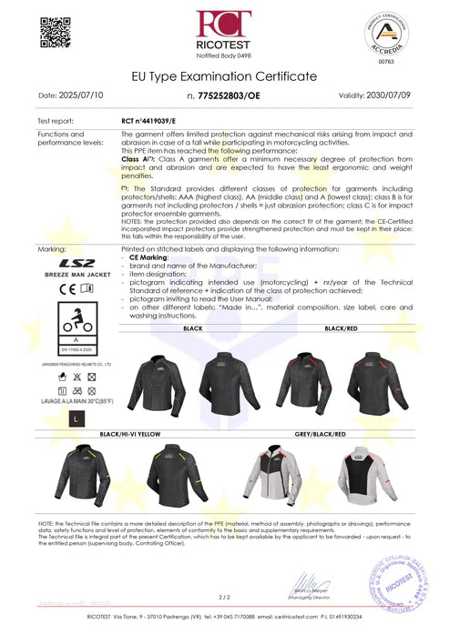LS2 BREEZE JACKET - BLACK - CE CLASS A CERTIFIED JACKET