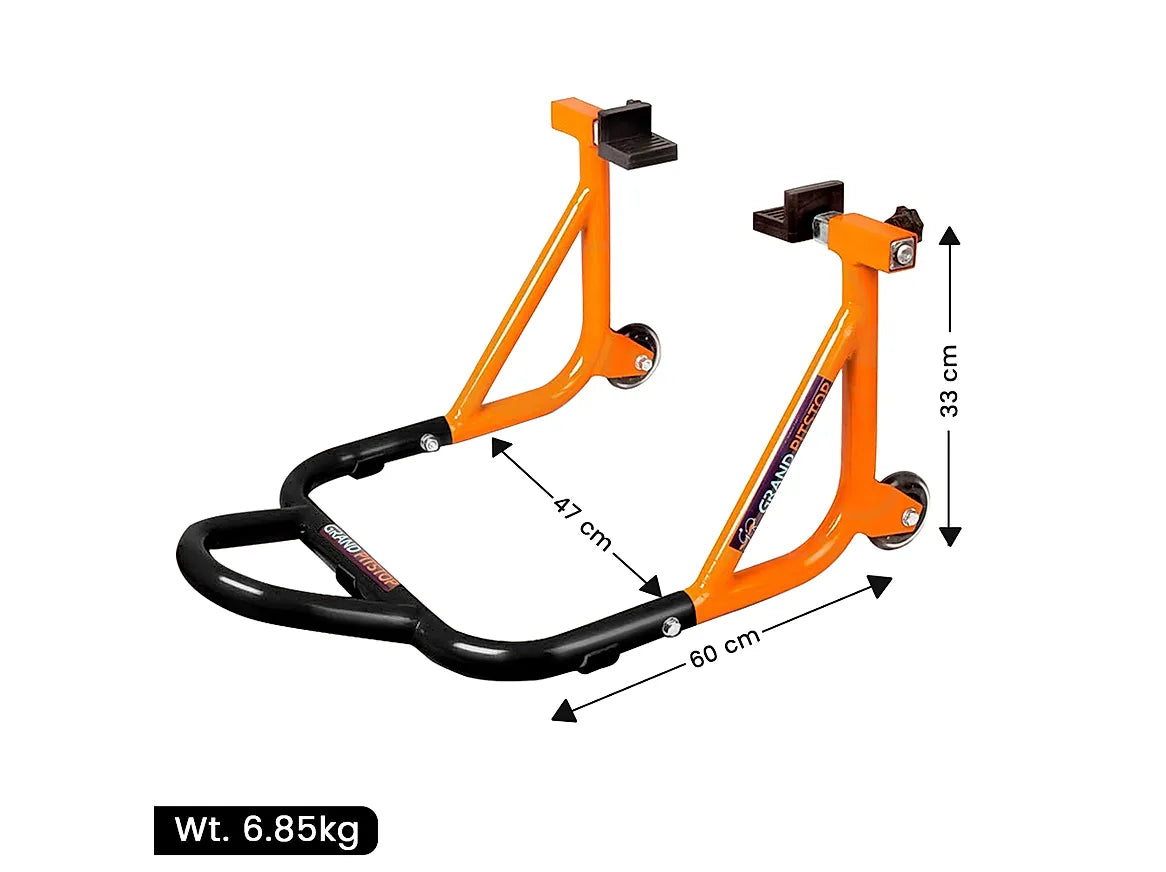 Dismantable Rear Paddock Stand with Skate Wheels - Black + Orange - (Bike Wt upto: 450 kgs)