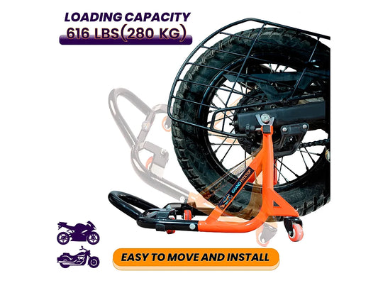 Dismantable Rear Paddock Stand with 360 Rotation- Black + Orange - (Bike Wt upto: 280 kgs)