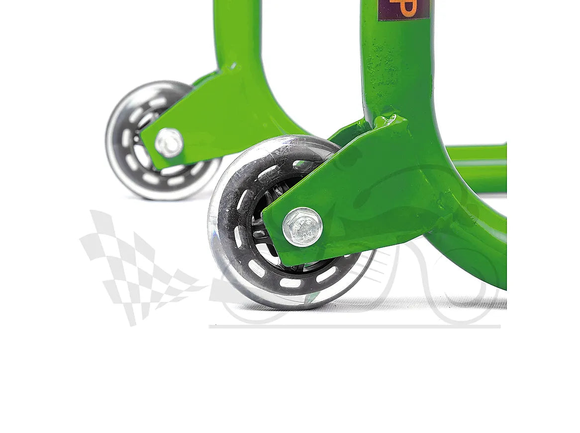 Non-Dismantable Standard Rear Paddock Stand with Skate Wheels - Green - (Bike Wt upto: 250 kgs)