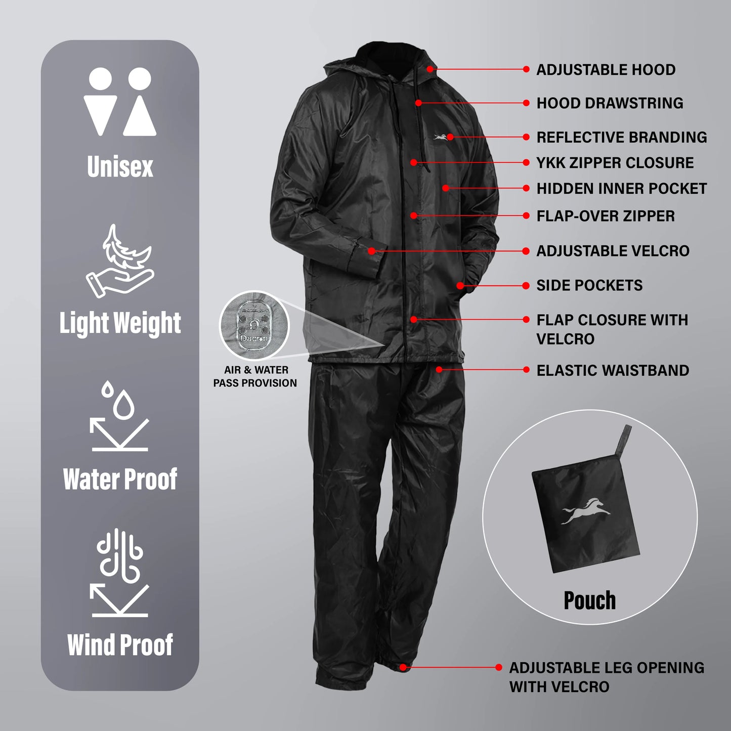 TVS Double-Layer Polyester Raincoat with Pants & Adjustable Drawcord Hood