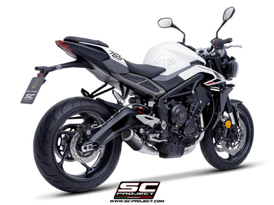SC Project CR-T Carbon Fibre 3-1 Stainless Steel full exhaust system with stoneguard grid for Street Triple 765 R-RS-R A2 (2024-2025)