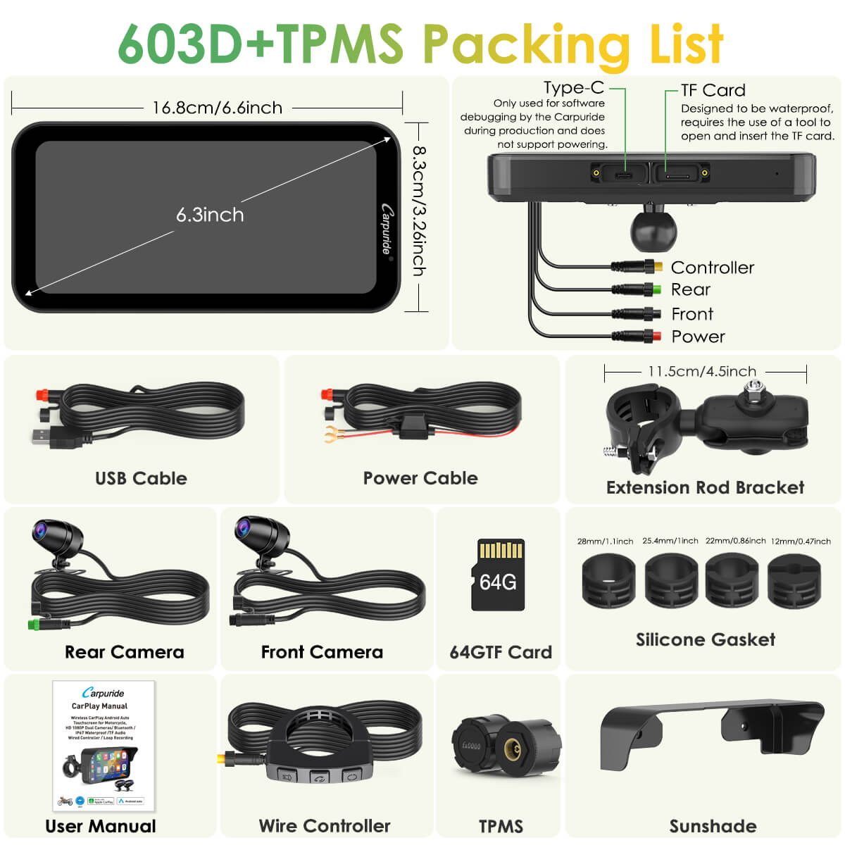 LBC MOTO UNIVERSAL - Carpuride W603D with TPMS | Wireless Portable Motorcycle Stereo with HD Dual Cameras