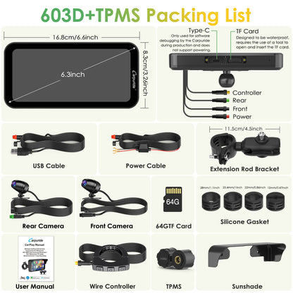 LBC MOTO UNIVERSAL - Carpuride W603D with TPMS | Wireless Portable Motorcycle Stereo with HD Dual Cameras