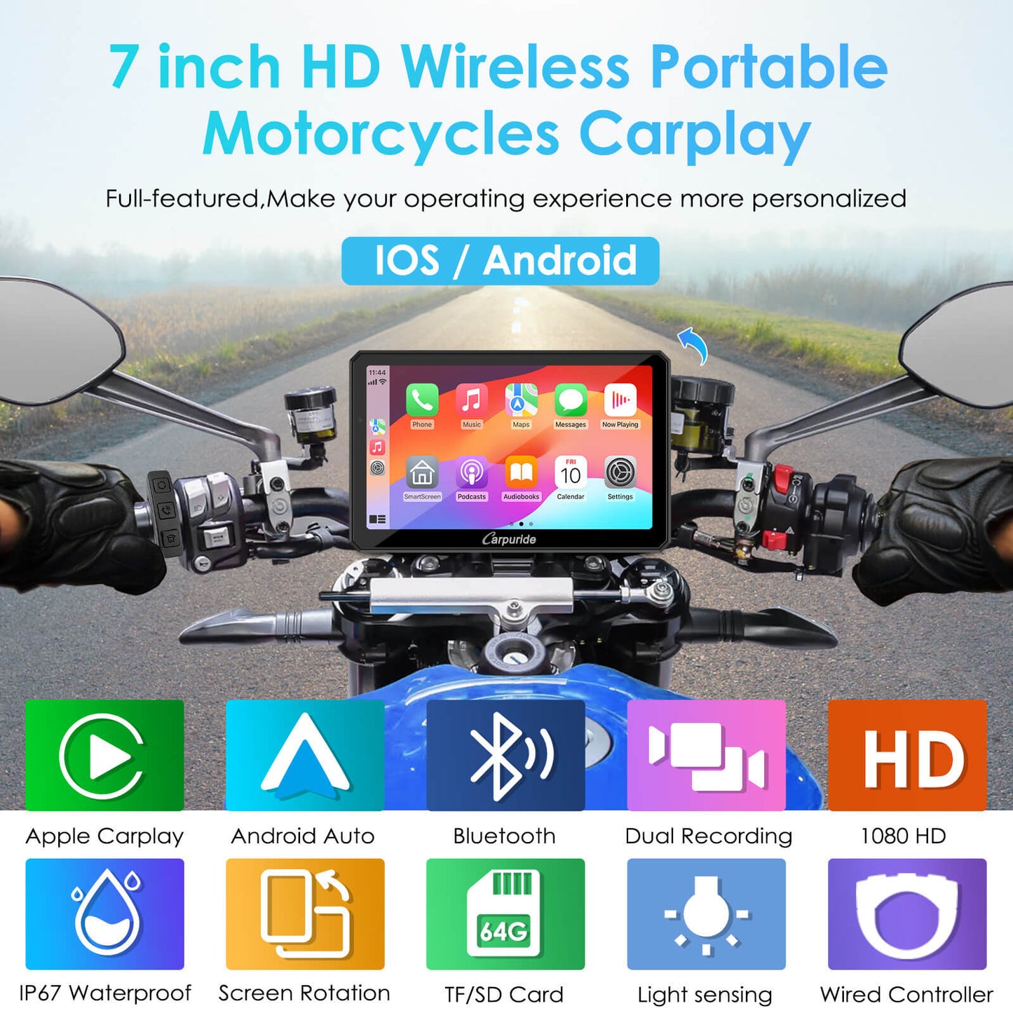 LBC MOTO UNIVERSAL - Carpuride W712D with TPMS | Rotatable Motorcycle Stereo with GPS Navigation & Dash Cam