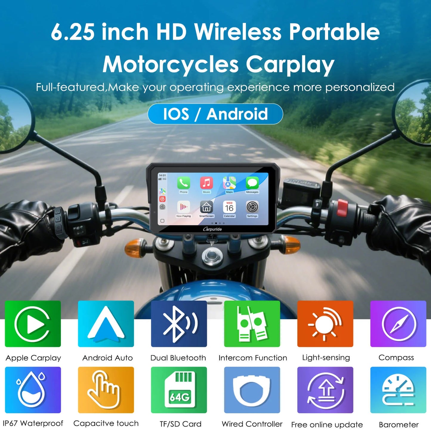 LBC MOTO UNIVERSAL - Carpuride W602S Pro 6-Inch Motorcycle CarPlay | Plug-and-Play BM05 Bracket with Type-C Port