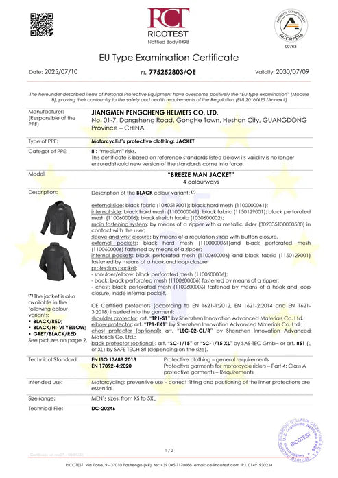LS2 BREEZE JACKET - BLACK - CE CLASS A CERTIFIED JACKET