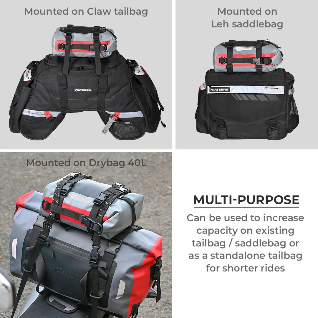 ViaTerra DryBag 8L - 100% Waterproof Motorcycle Tailbag/ Rear rack bag (Universal with versatile mounting)
