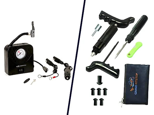 Combo of Electric Tyre Inflator with Dual Connecting Port & amp_Tubeless Tyre Puncture Repair Kit with Mushroom Plugs (Mini Plug) for Car and Bike