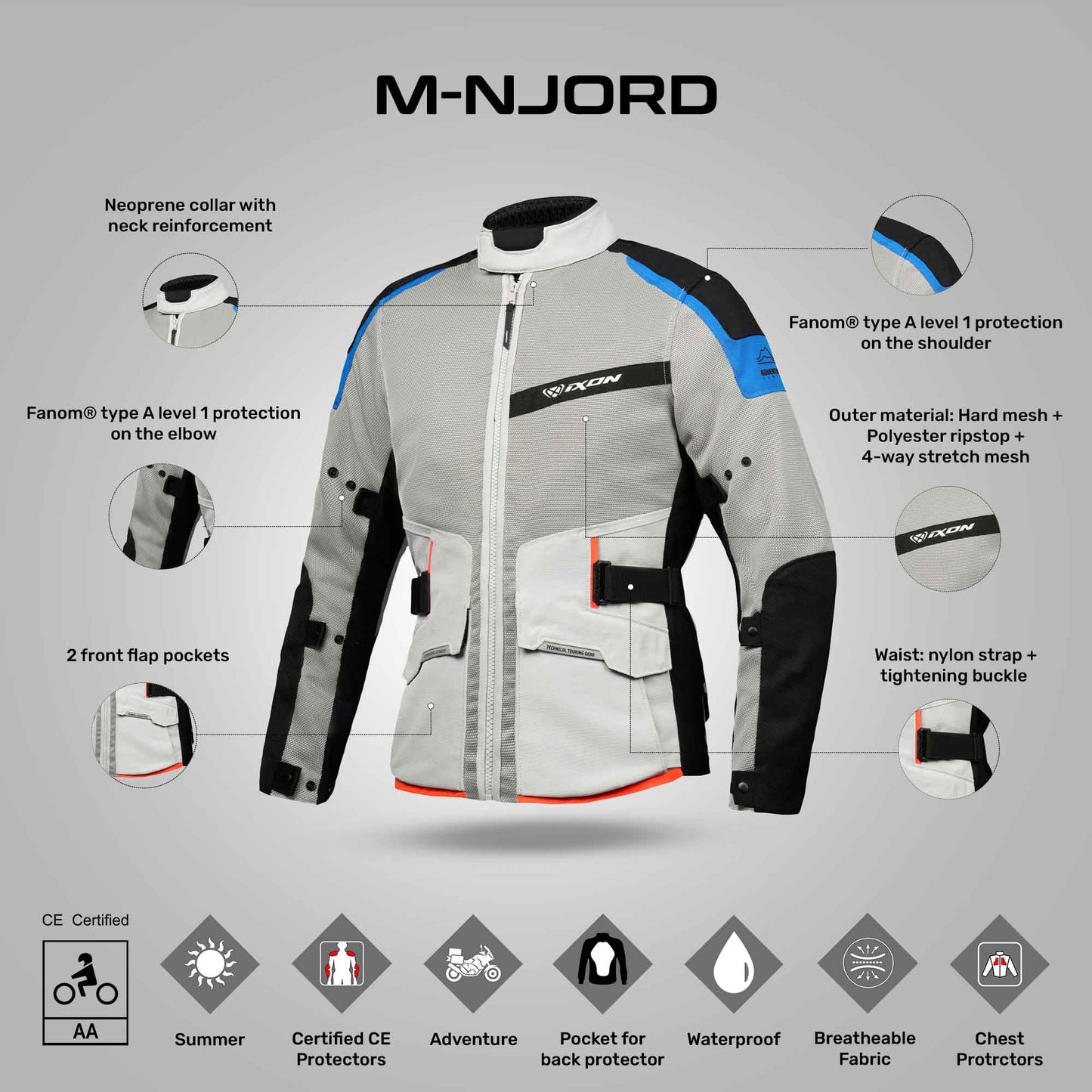 M-Njord Jacket - Light Grey / Blue/ Neon Red
