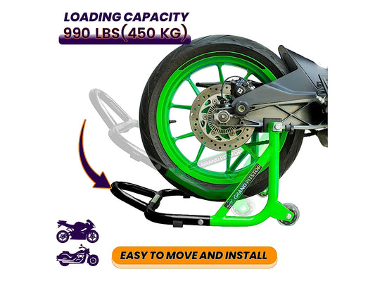 Dismantable Rear Paddock Stand with Skate Wheels - Black + Green - (Bike Wt upto: 450 kgs)
