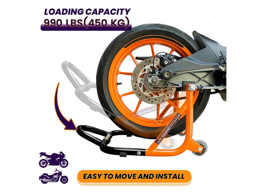 Dismantable Rear Paddock Stand with Skate Wheels - Black + Orange - (Bike Wt upto: 450 kgs)