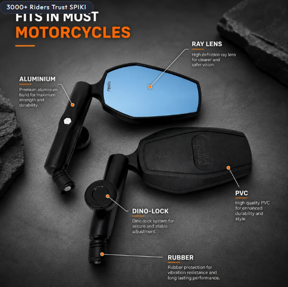 SPiKi (NOMAD SERIES) Adventure 4.0 Motorcycle Mirrors | Dino-Lock Adjustment | 360° Rotatable Universal Side Mirrors For Road & Off-Road Riding (UPGRADED)