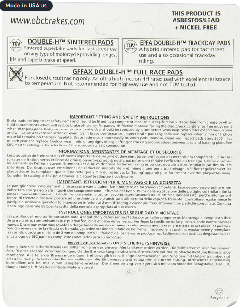 Continental GT 650 / Interceptor 650 Front (Double-H™ Sintered) Brake Pads - FA209/2HH Fully Sintered - EBC (PACK OF 1)