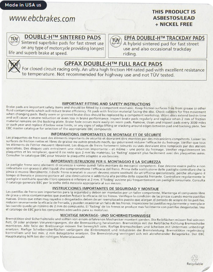 Continental GT 650 / Interceptor 650 Front (Double-H™ Sintered) Brake Pads - FA209/2HH Fully Sintered - EBC (PACK OF 1)