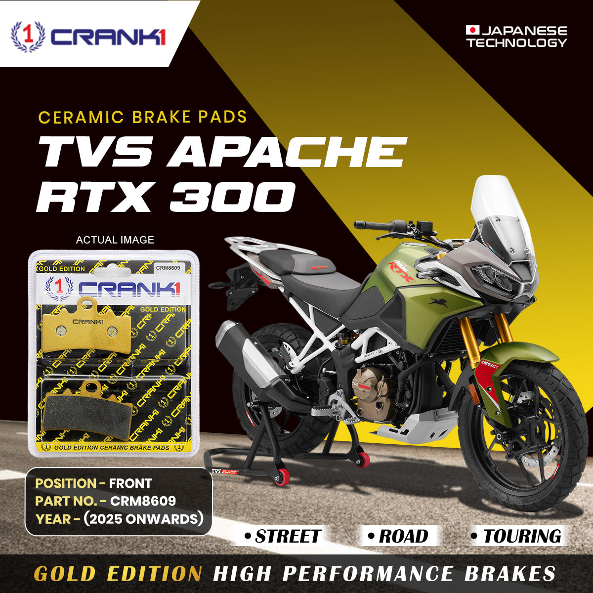 CERAMIC BRAKE PADS TVS APACHE RTX 300 -FRONT-CRM8609-(2025 ONWORDS)-1 SET