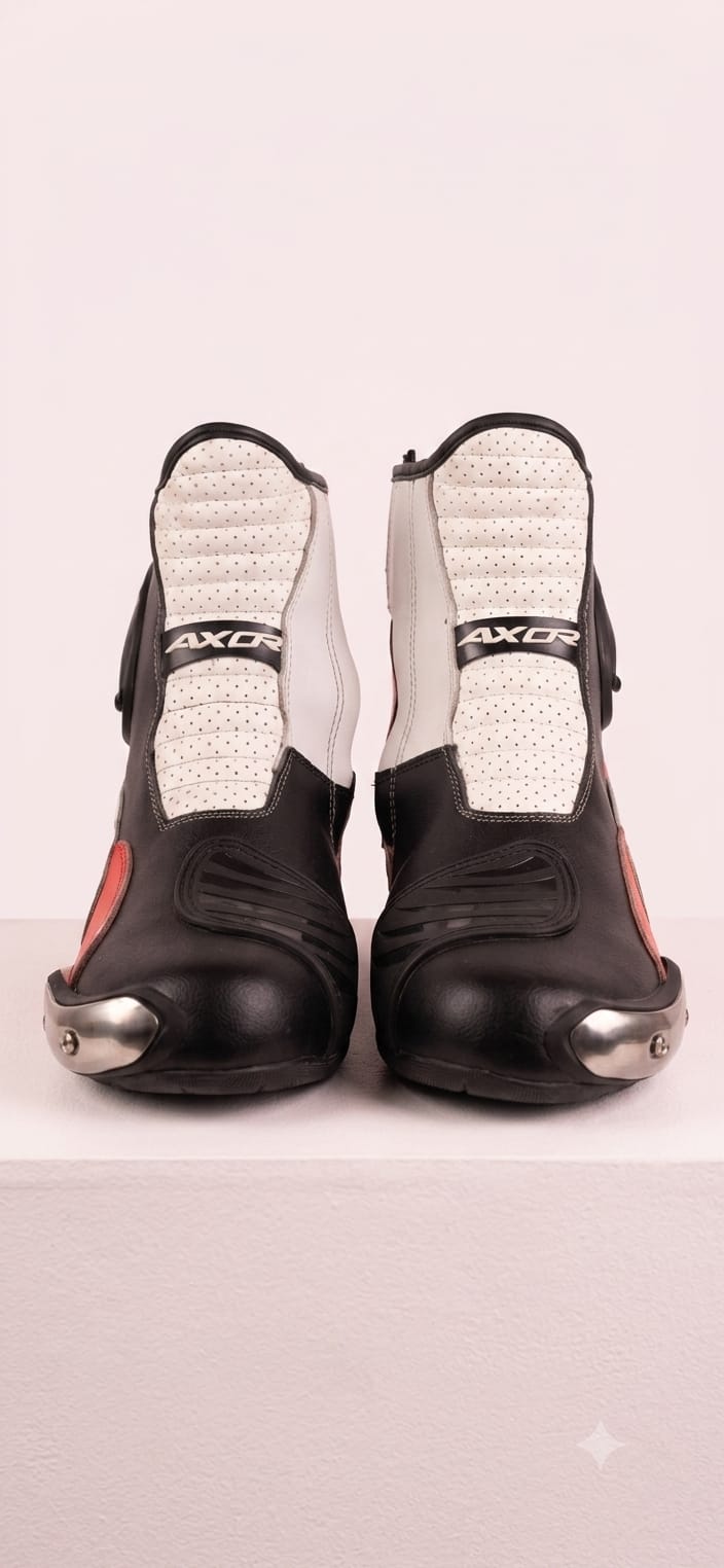 AXOR SLICKS RIDING BOOTS BLACK RED WHITE (TOE SLIDER MISALINGED)