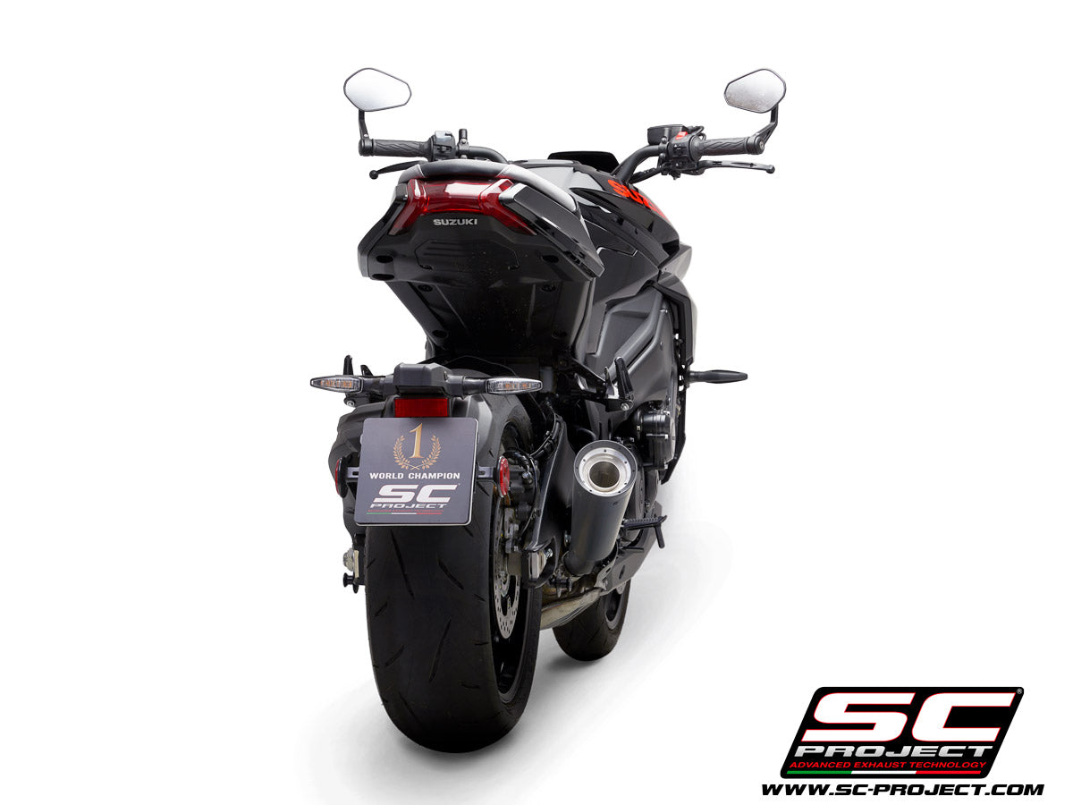SC PROJECT METAL BLACK MUFFLER, STAINLESS STEEL, WITH BLACK & SILVER PAINTED CNC ALUMINUM END CAP FOR SUZUKI KATANA