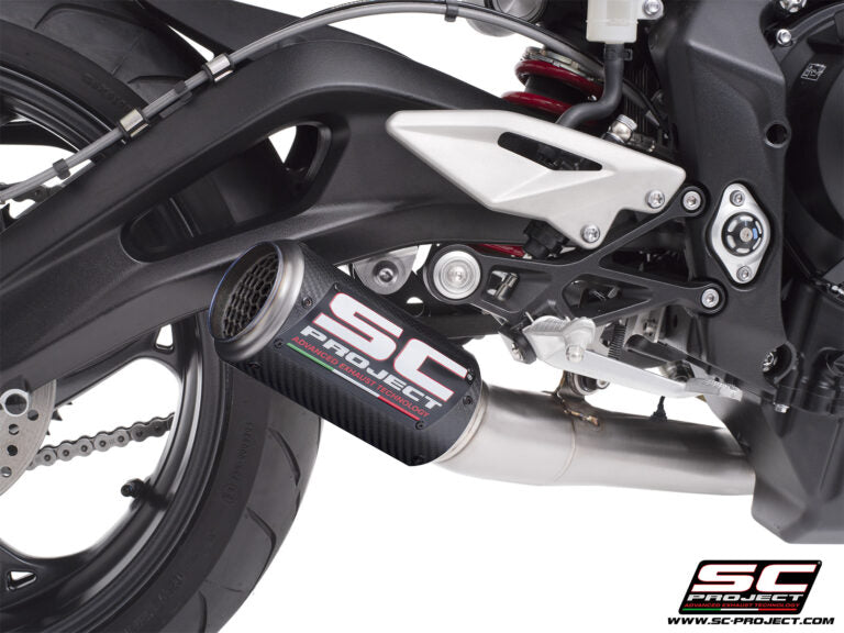 SC Project CR-T Carbon Fibre 3-1 Stainless Steel full exhaust system with stoneguard grid for Street Triple 765 R-RS-R A2 (2024-2025)
