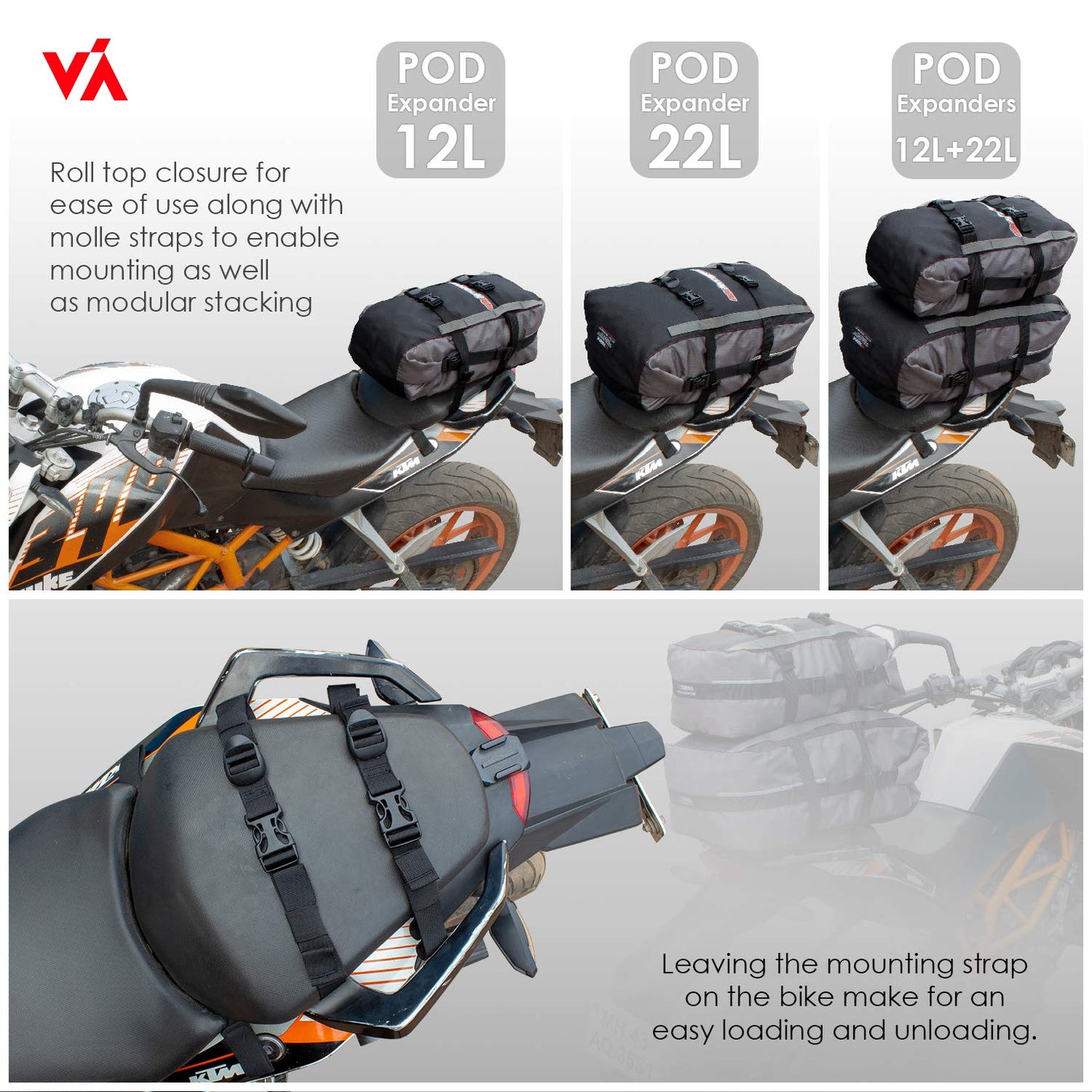 ViaTerra Polyester Pod 12L - Ultimate Waterproof Motorcycle Tail Bag, Perfect Motorcycle Gear for Men, Storage Solution for Saddlebags, Luggage & Accessories.(Grey)