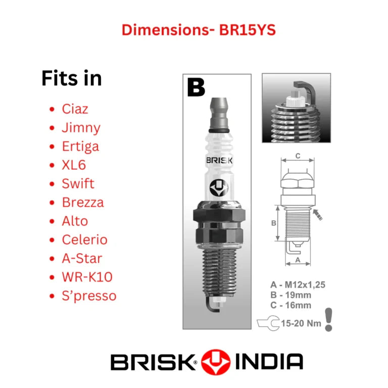 BRISK Silver Racing Spark Plug for Maruti Suzuki Alto K10 / Celerio / A-Star / Swift / Ciaz / Ertiga / XL6 / Brezza / Jimny & Toyota Urban Cruiser 1.5 – (BR15YS)
