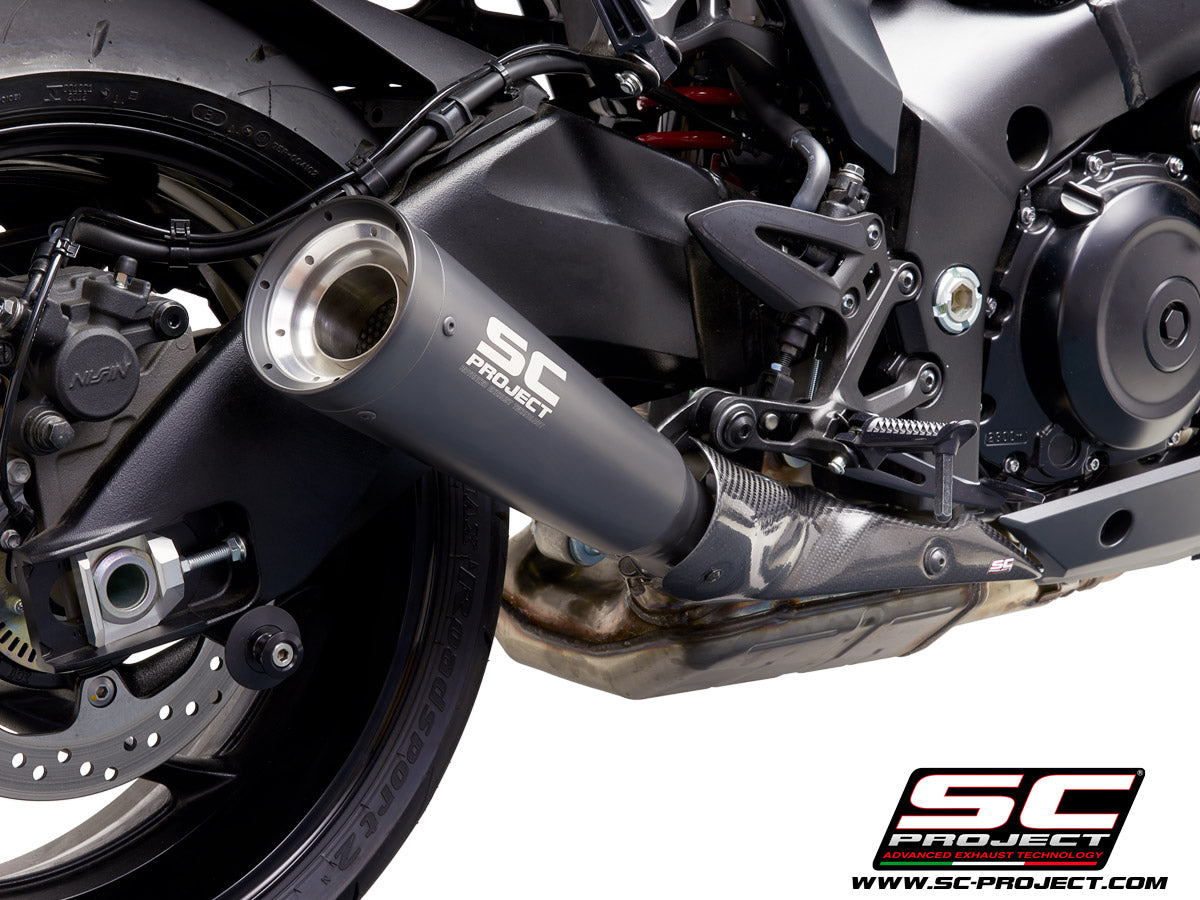 SC PROJECT METAL BLACK MUFFLER, STAINLESS STEEL, WITH BLACK & SILVER PAINTED CNC ALUMINUM END CAP FOR SUZUKI KATANA
