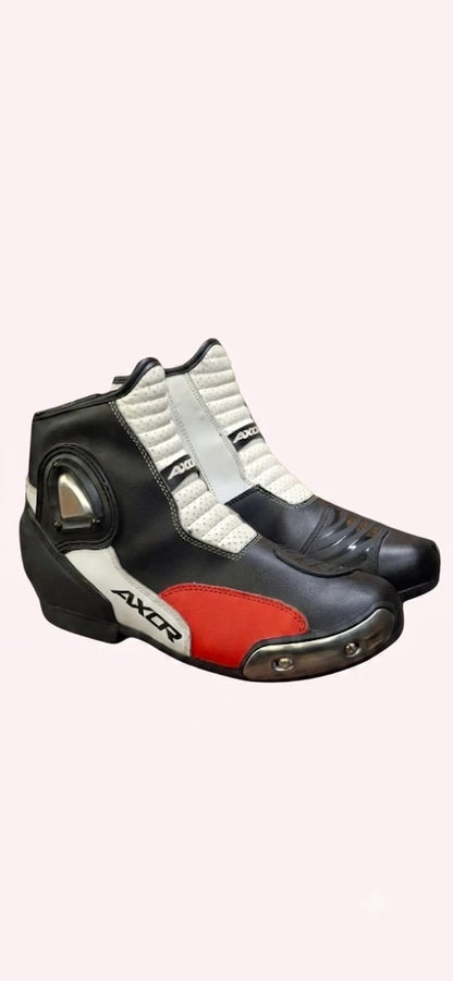 AXOR SLICKS RIDING BOOTS BLACK RED WHITE (TOE SLIDER MISALINGED)