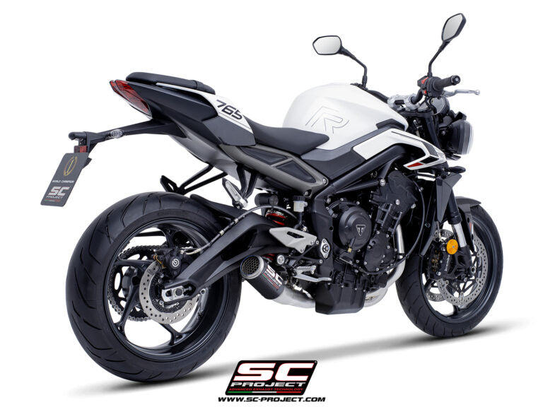 SC Project CR-T Carbon Fibre 3-1 Stainless Steel full exhaust system with stoneguard grid for Street Triple 765 R-RS-R A2 (2024-2025)