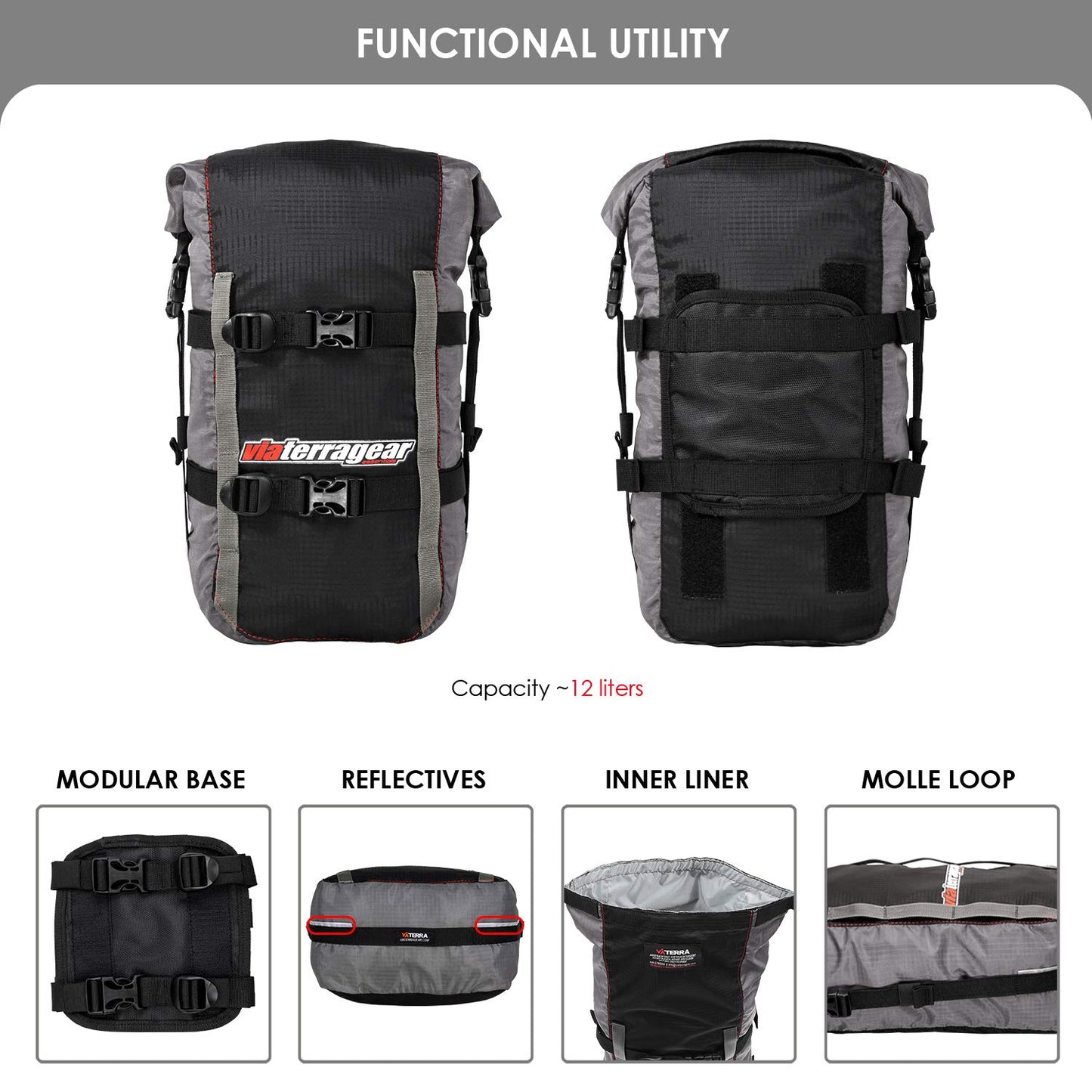 ViaTerra Polyester Pod 12L - Ultimate Waterproof Motorcycle Tail Bag, Perfect Motorcycle Gear for Men, Storage Solution for Saddlebags, Luggage & Accessories.(Grey)