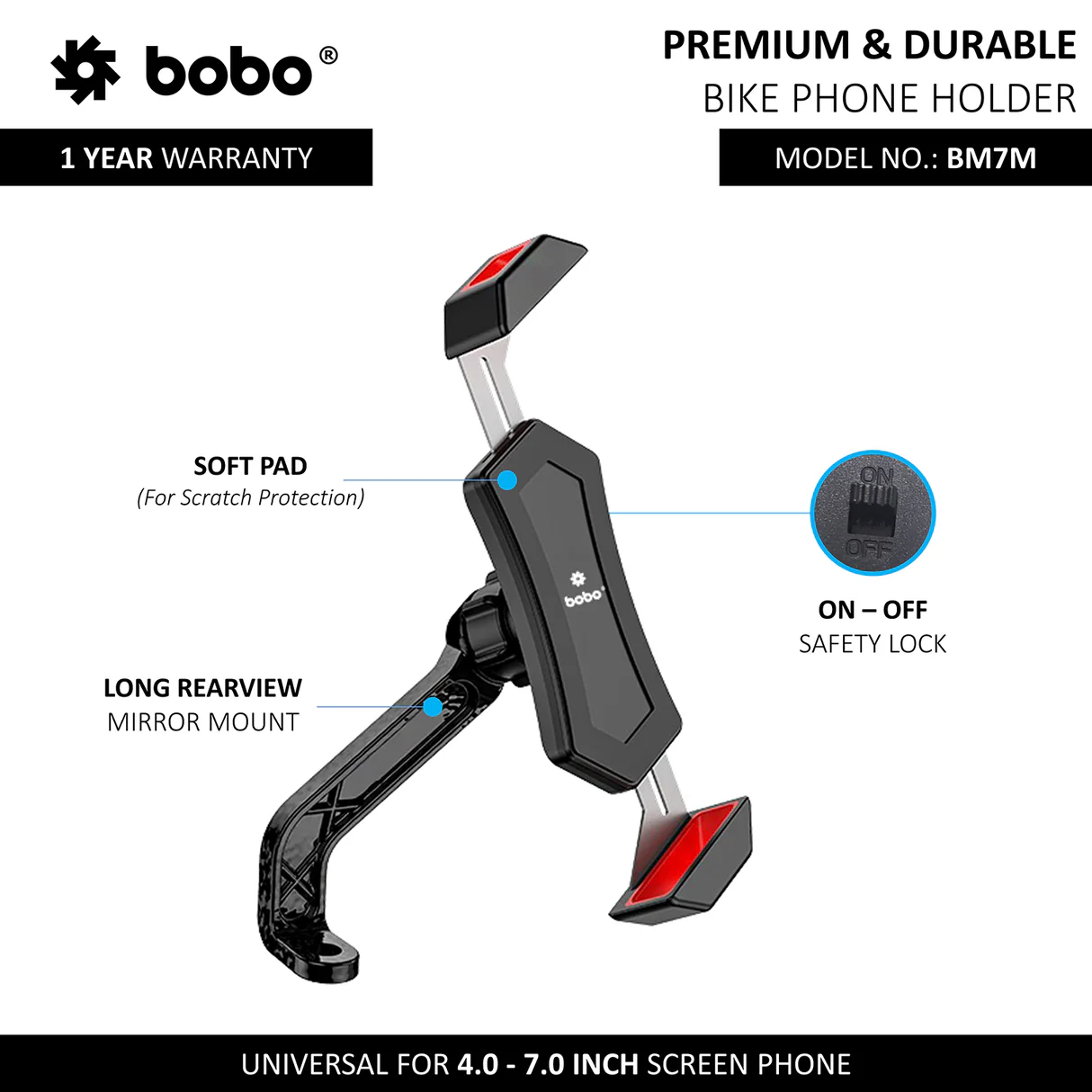 BOBO BM7M - Diagonal-Grip Mirror Mount (No Charger)